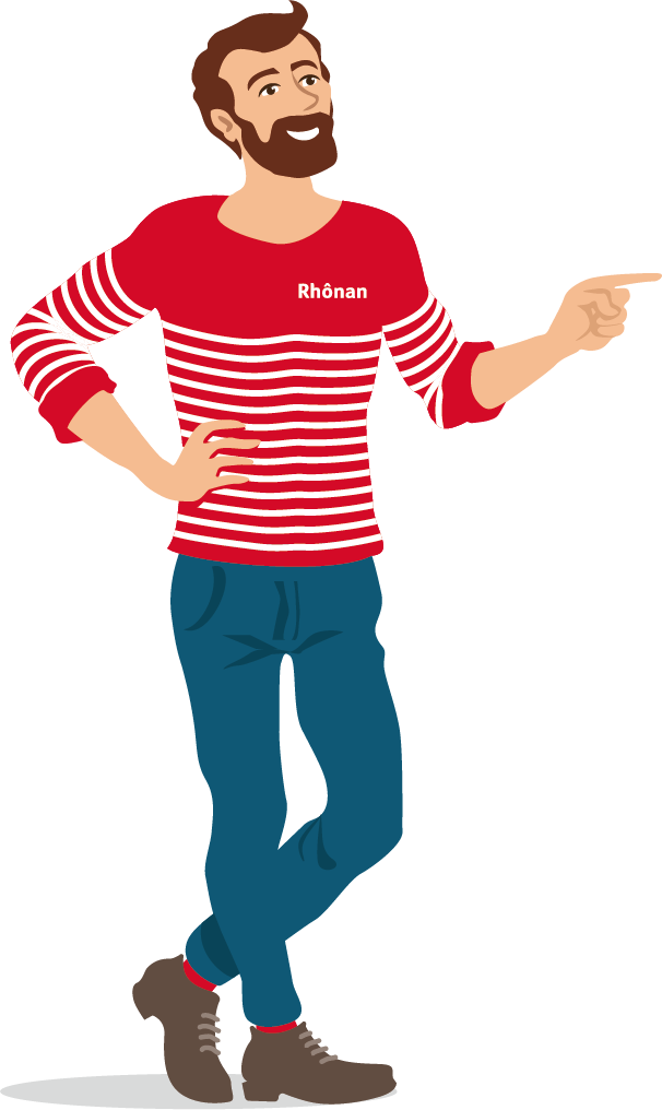 Rhonan qui pointe du doigt vers la droite